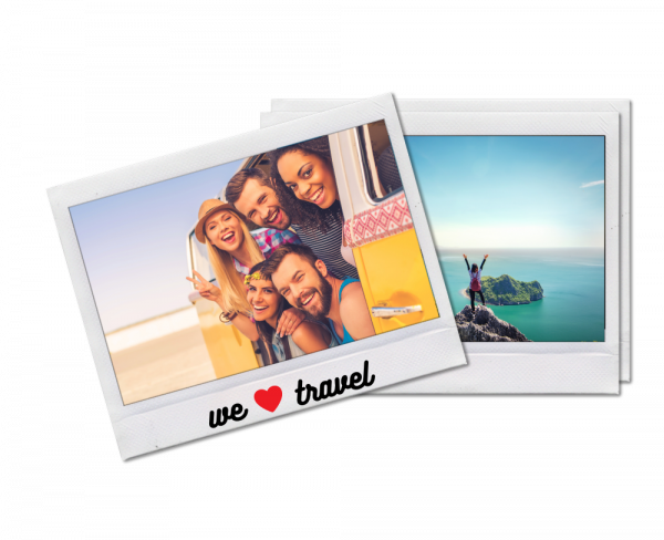 Reisegruppe in Campervan und Backpacker auf Insel mit türkisem Meer auf Polaroids.